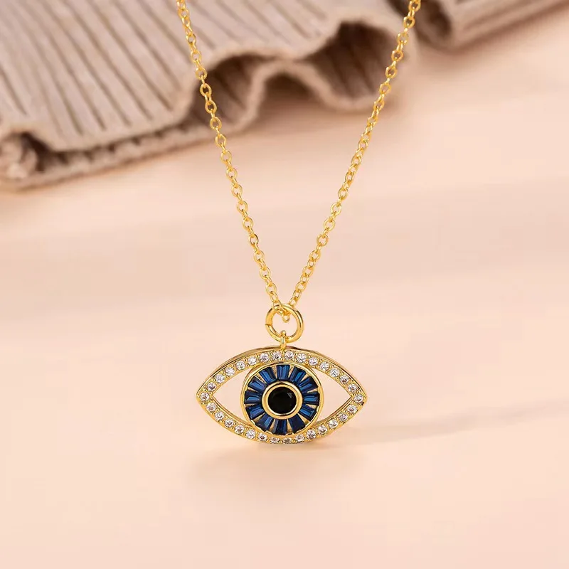 Stainless Steel 18K Gold Plated Necklace Diamond Zircon Bling Blue Evil Eye Necklace Devil Eye Necklace