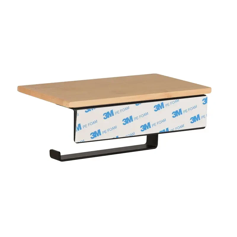 Wall Mounted Bamboo Bathroom Paper Holder Toilet Tissue Holder with Hanging Hook Set