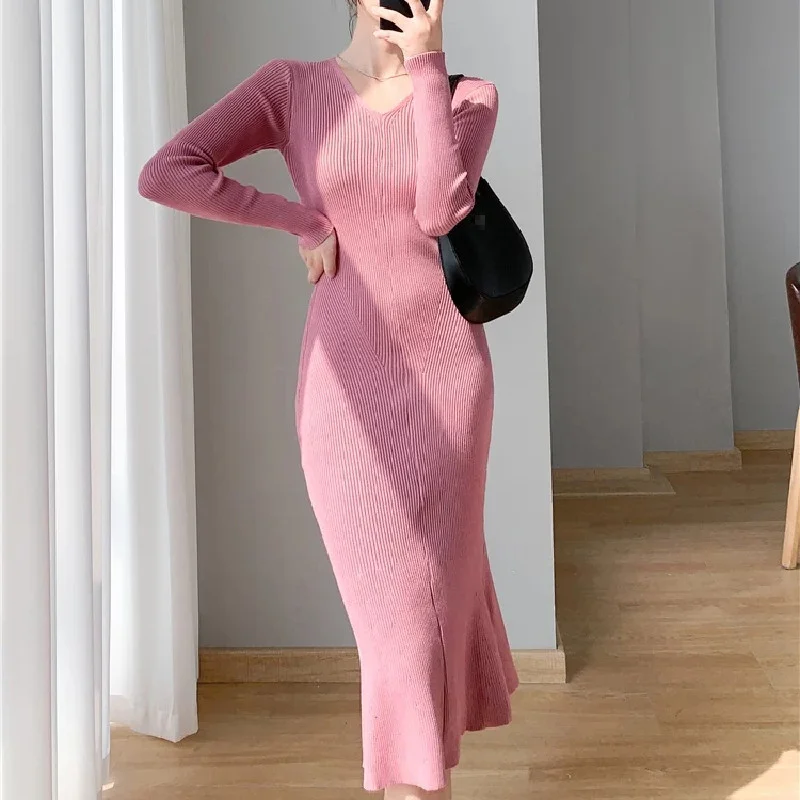 pullover v neck slim new womens casual dresses wholesale fashion knit bodycon dress