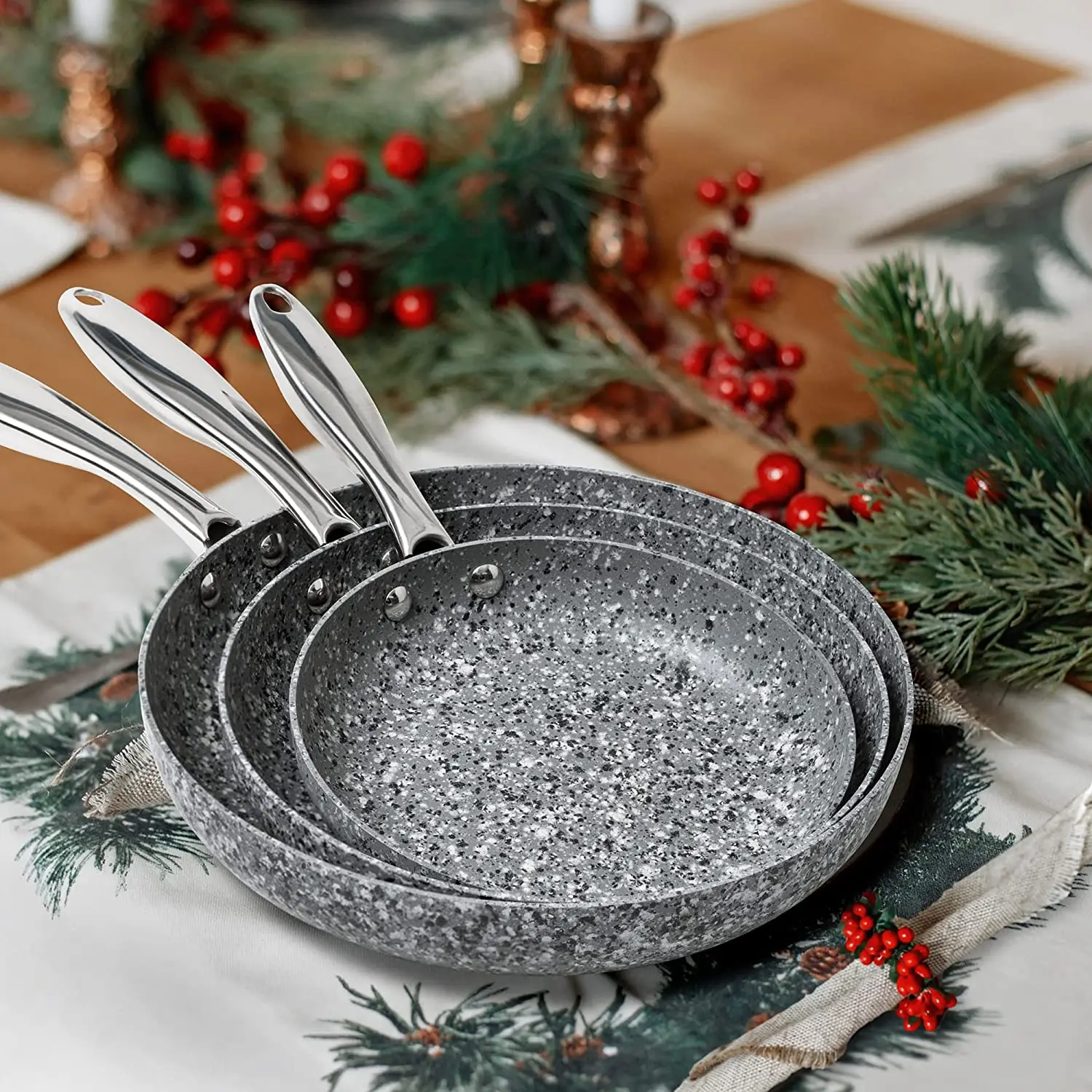 New Fashion Grey Granite coating frying pan non-stick stone coating  cookware set with Stainless Steel handle induction bottom