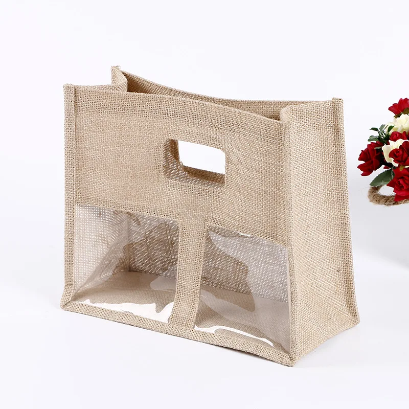 Wholesale Blank Eco Friendly Linen Hemp Grocery Bag Burlap Tote Shopping Bag bolsa yute Jute Bag bamboo handle With Window