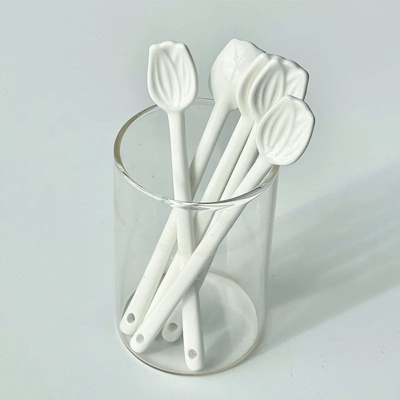 Creative Ceramic Pure White Embossed Tulip Shape Spoon Coffee Cupping Spoon Dessert Spoons