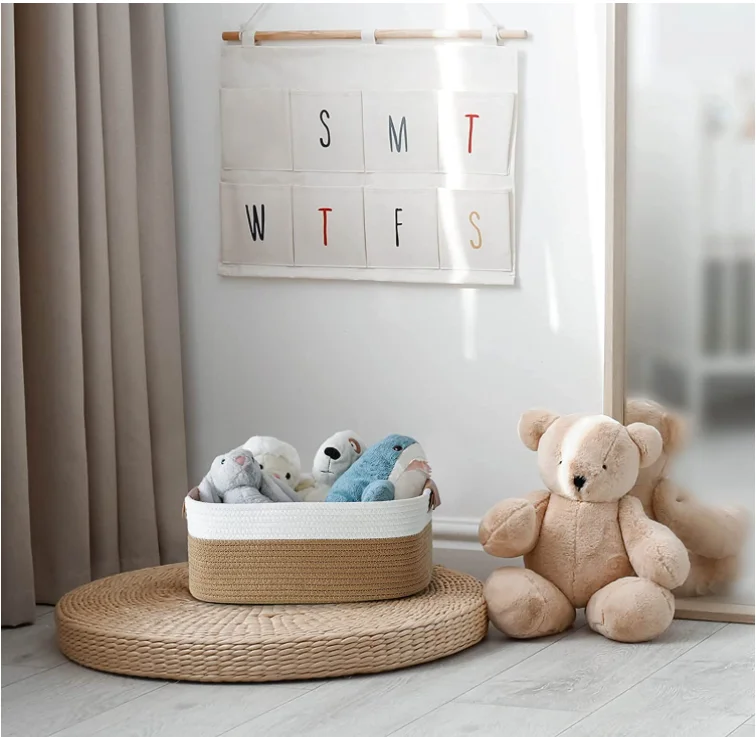 Rectangle Cotton Rope Woven Basket with Handles for Books Magazines Toys - Decorative Rectangle Basket for Baby Nursery