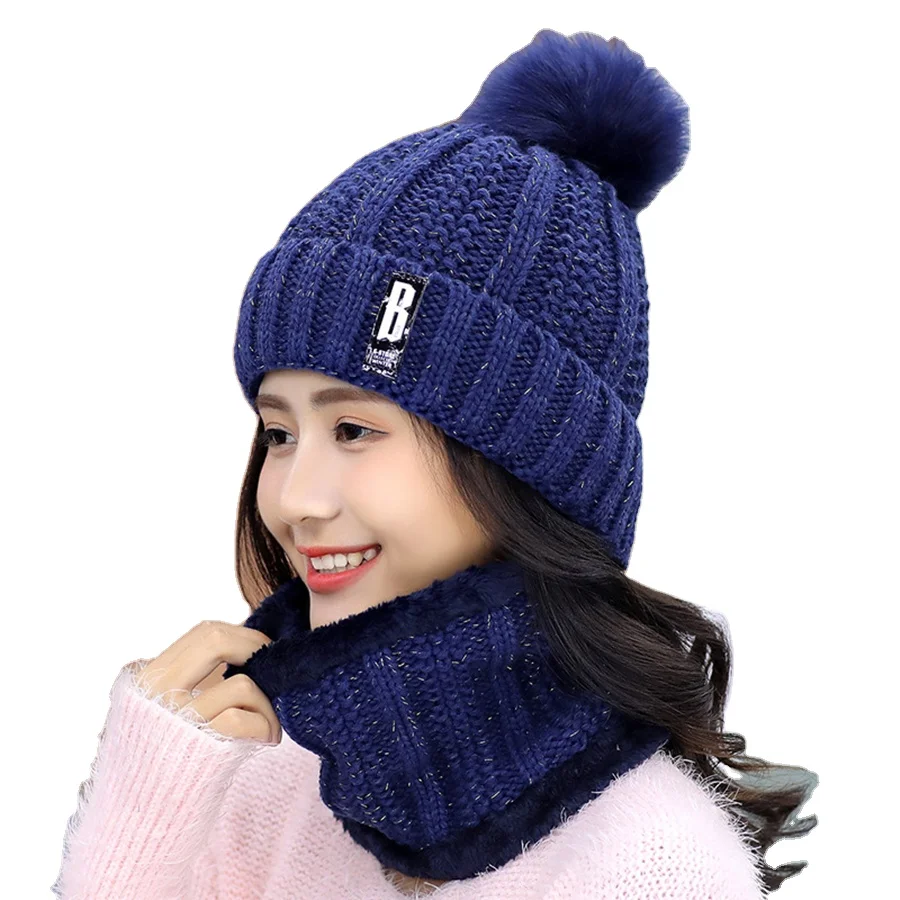 Winter Women Knitted Beanie Hat Female Letter Bonnet Beanie Caps Girls Warm Knitted Scarf Hat Set Custom Logo
