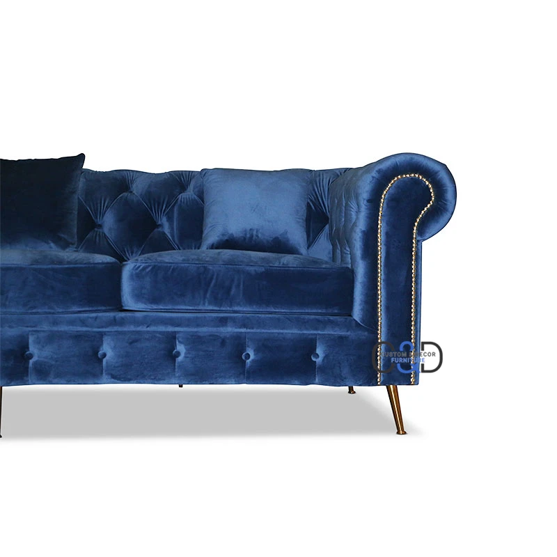 l shaped luxury fabric blue velvet couch sofa Chesterfield living room furniture