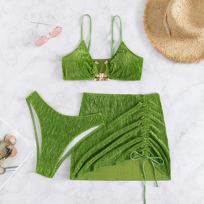 2023 Bikini New Fashion Sexy Pleated Material Green Micro Bikini with Mini Skirts 3-Piece Swimsuit Drawstring Beach Wear