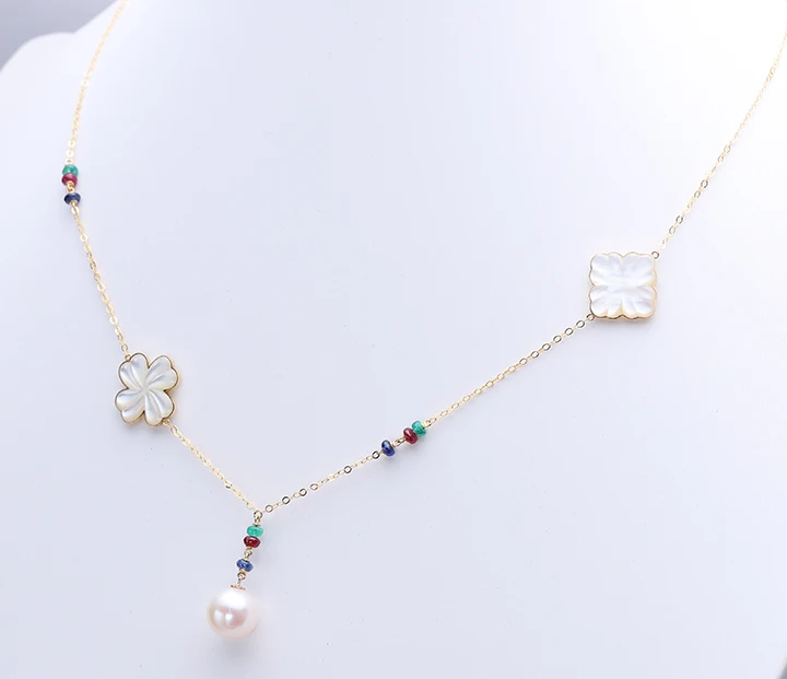 fashion necklace jewelry CNC engraving nature mother oyster 18k gold jewelry ruby sapphire emerald freshwater pearl necklace