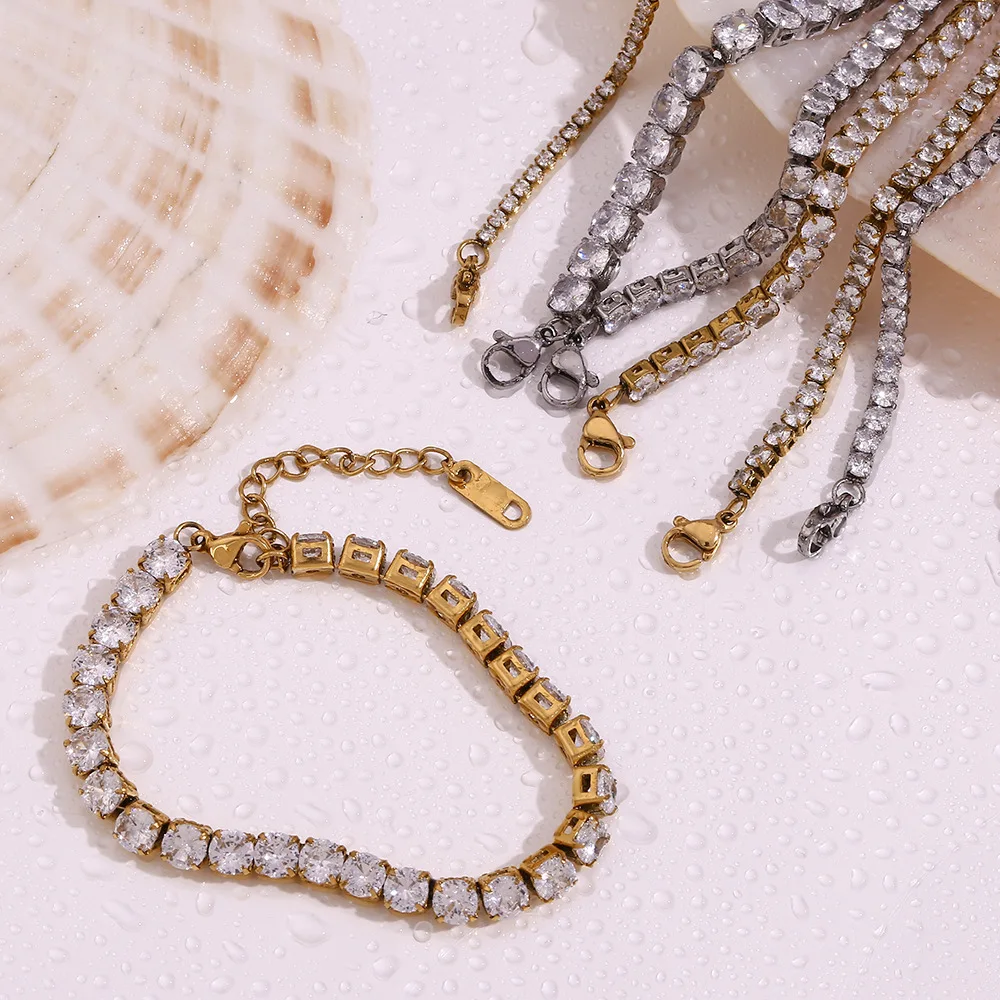 NUORO Trendy 2/3/4/5MM Cubic Zirconia CZ Tennis Bracelet For Women Stainless Steel 18K Gold Plated Tennis Chain Bracelets