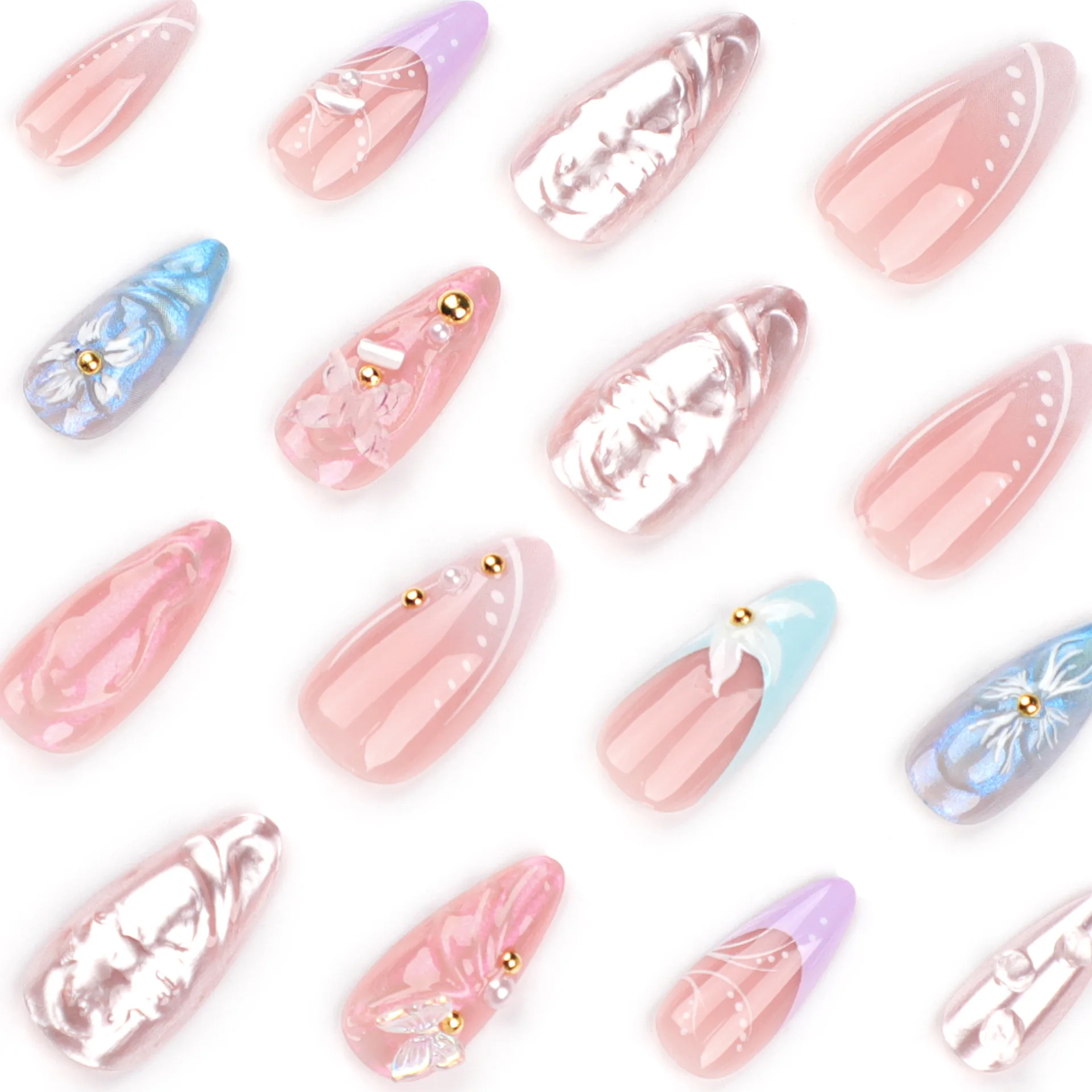 Glossy Gold Pearls  Almond Acrylic False Nails24Pcs 3D Flower Press on Nails Gel Glue on Nails 3D Full Cover Fake Nails