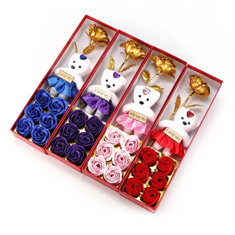 Mothers Day Soap Rose gifts box Artificial flower Handmade Whitening Bath Soap 24-karat Gold-leaf Rose Bear for Valentines day