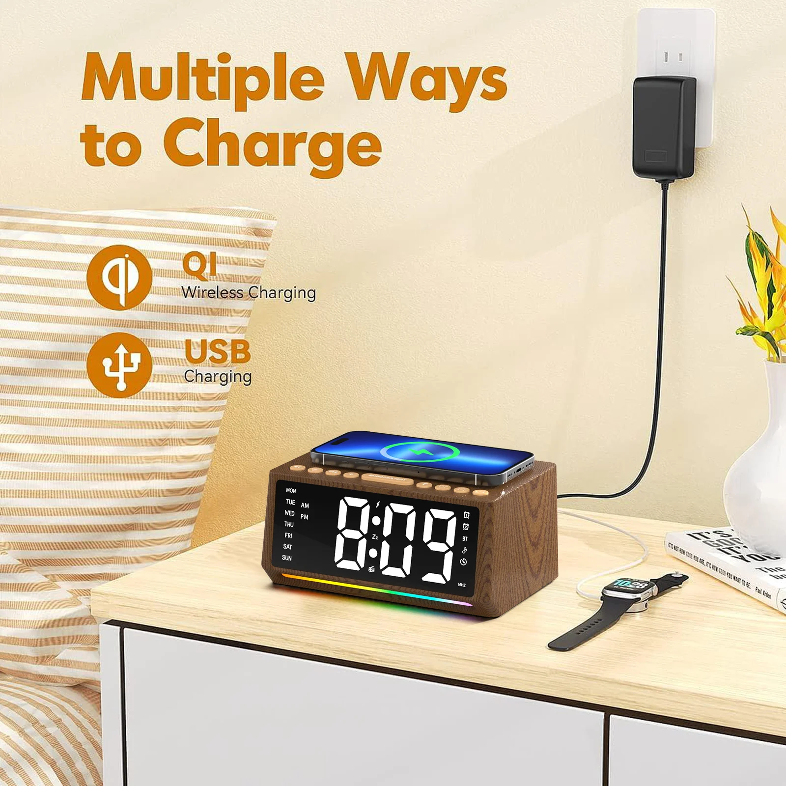 Wholesale Bedside Bt Wooden Clock With Fm Radio 15W Wireless Charging Station Alarm Clock With Speaker