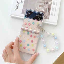 Love Flower  for Samsung Galaxy ZFlip3/4 Folding Screen Phone Case Transparent Creative P C Hard Case Chain