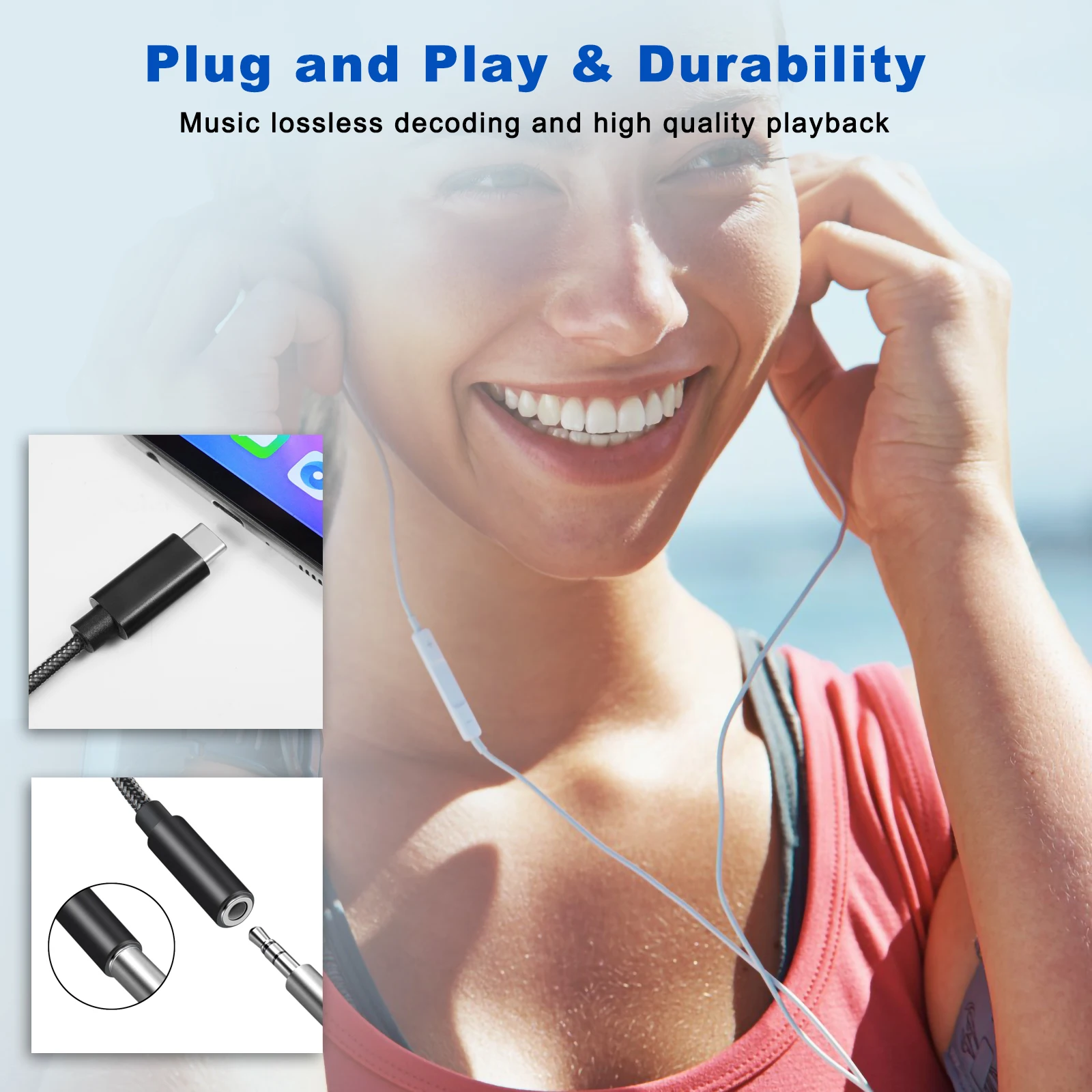 Factory OEM type C to 3.5mm headphone Nylon jacket audio adapter