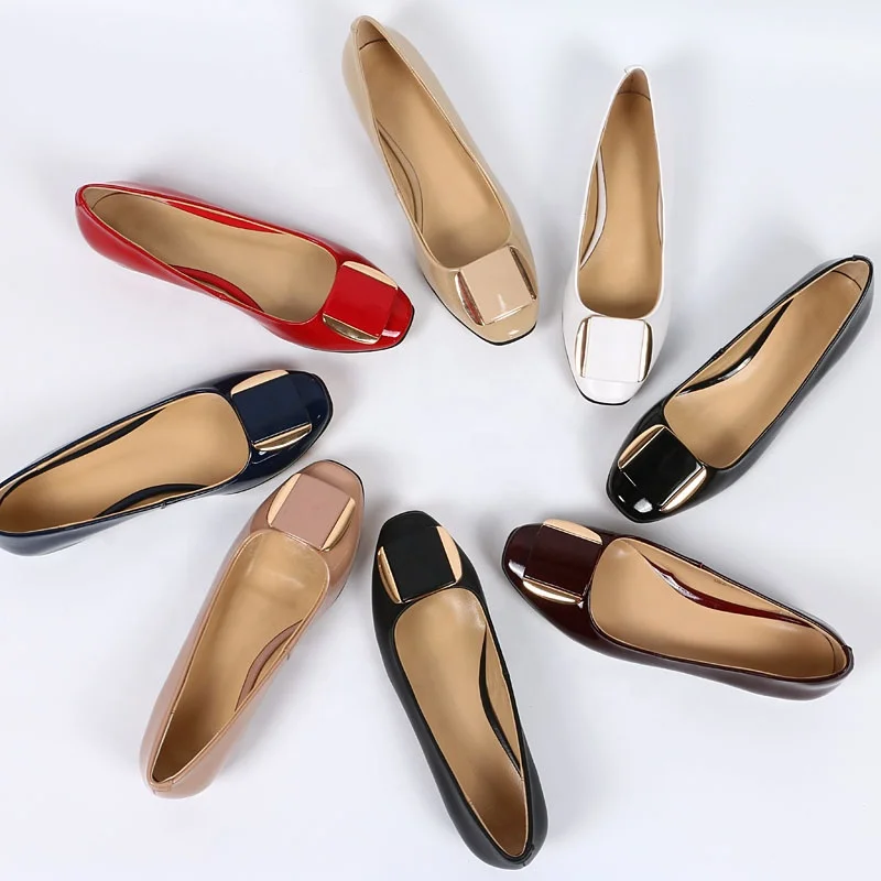 New Model Metal Buckle Square Toe Patent Leather Women Pumps Low Heels Shoes 2022