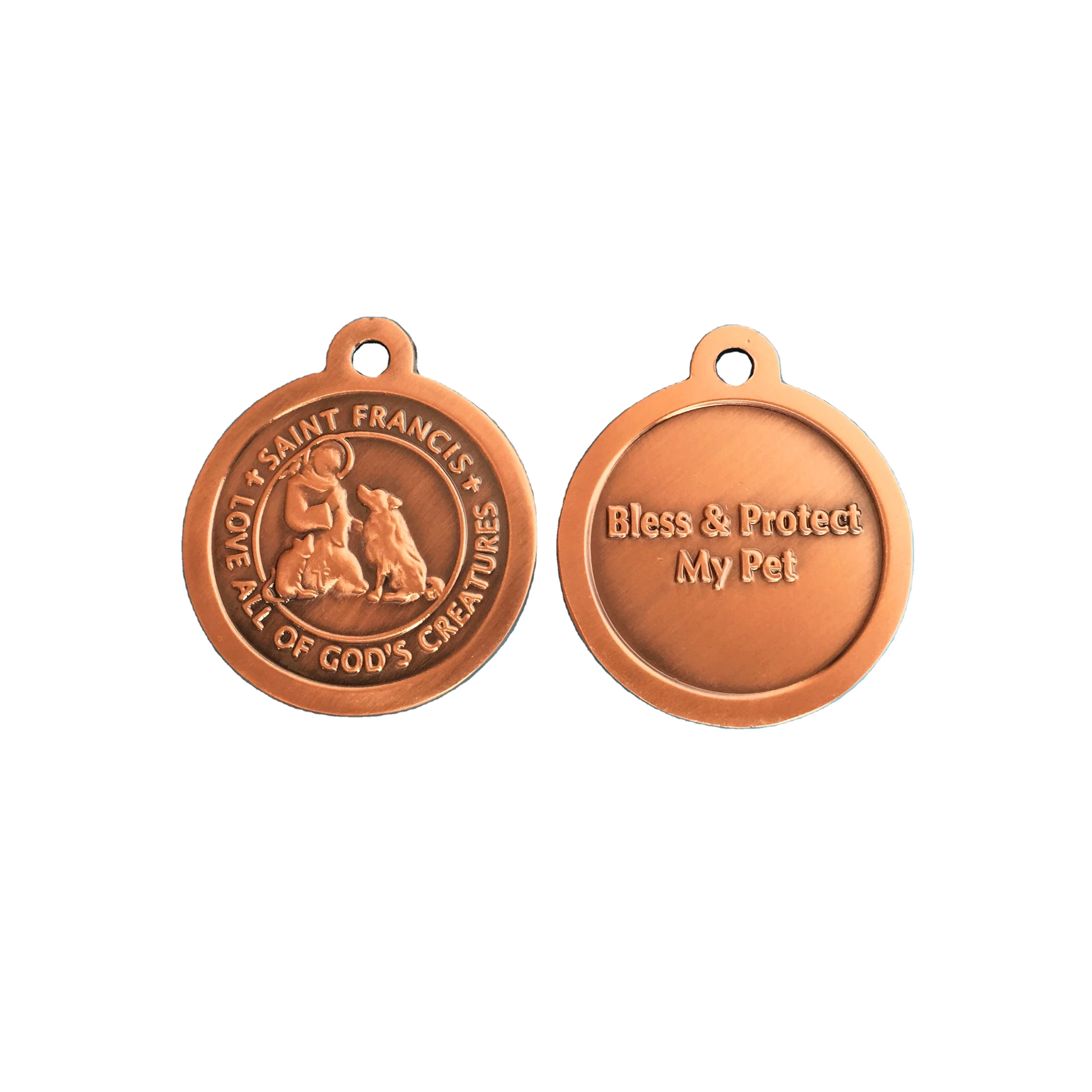 Saint Francis metal dog tag with bless and protect my pet logo