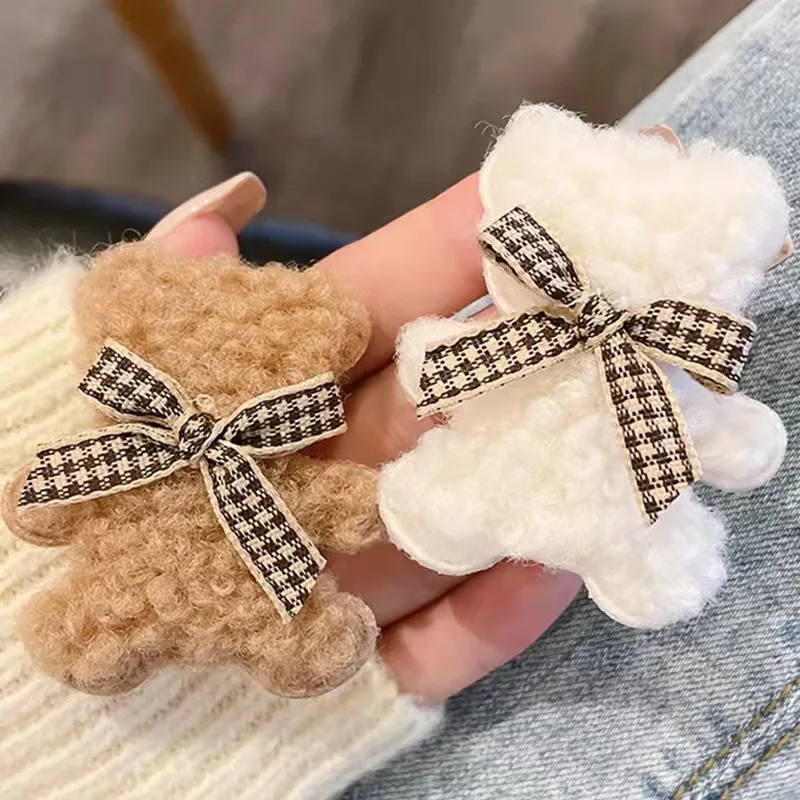 Korean plush bear hairpin Lovely simple side clip girl hairpin hair clip set kids hair accessories