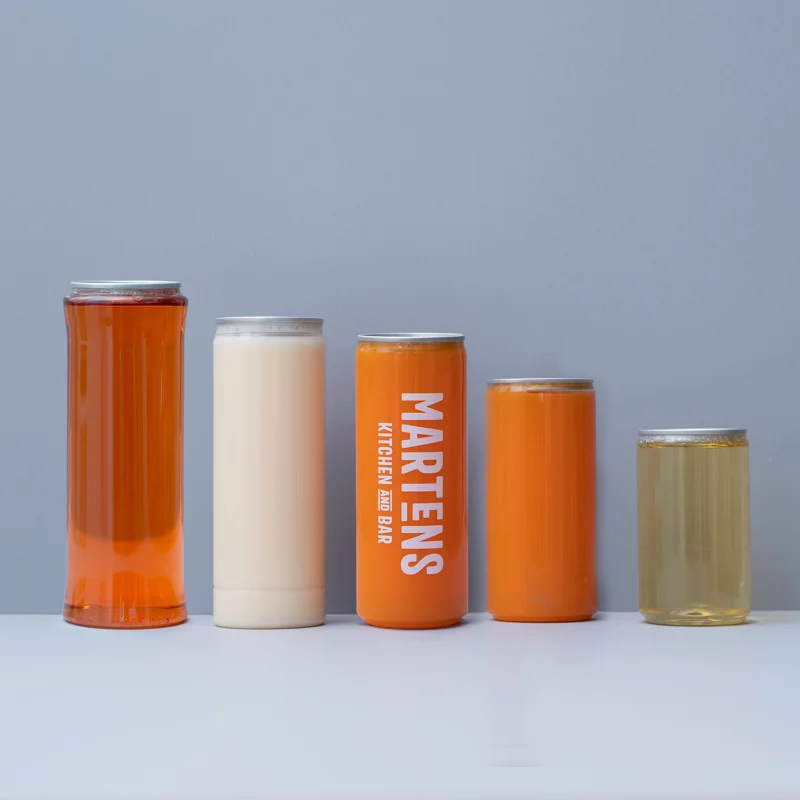 Food grade 400/355/330/250/200ml Disposable clear pet can plastic bottles  for beverage  drinks with aluminum easy open pop lids