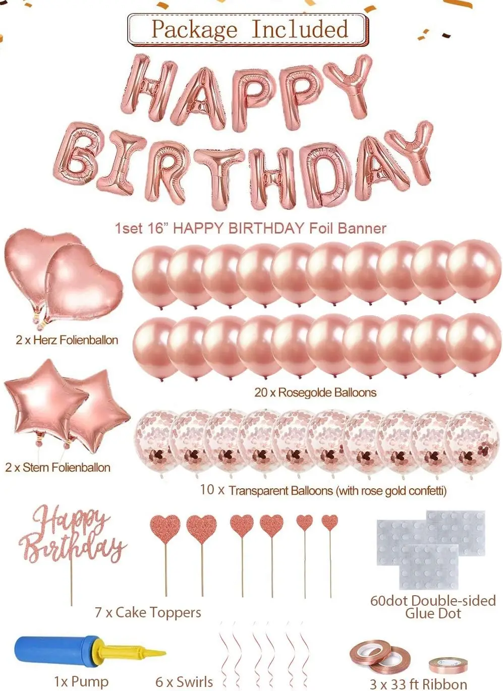 rose gold Birthday Party Decorations Set Happy Birthday Banner Balloon Cupcake Toppers Birthday Party decor set