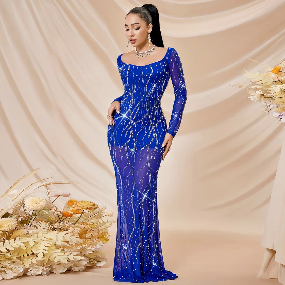 Formal Elegant Long Ball Gown Sexy Shiny Slim Empire Rhinestones Long Sleeves High Elasticity Wedding Bride Guests Pearl Solid