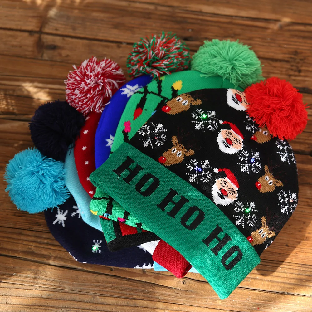 Ourwarm Merry Christmas Adult Child Decoration Kids Small Party Supplies Knitted Christmas Hat with Lights