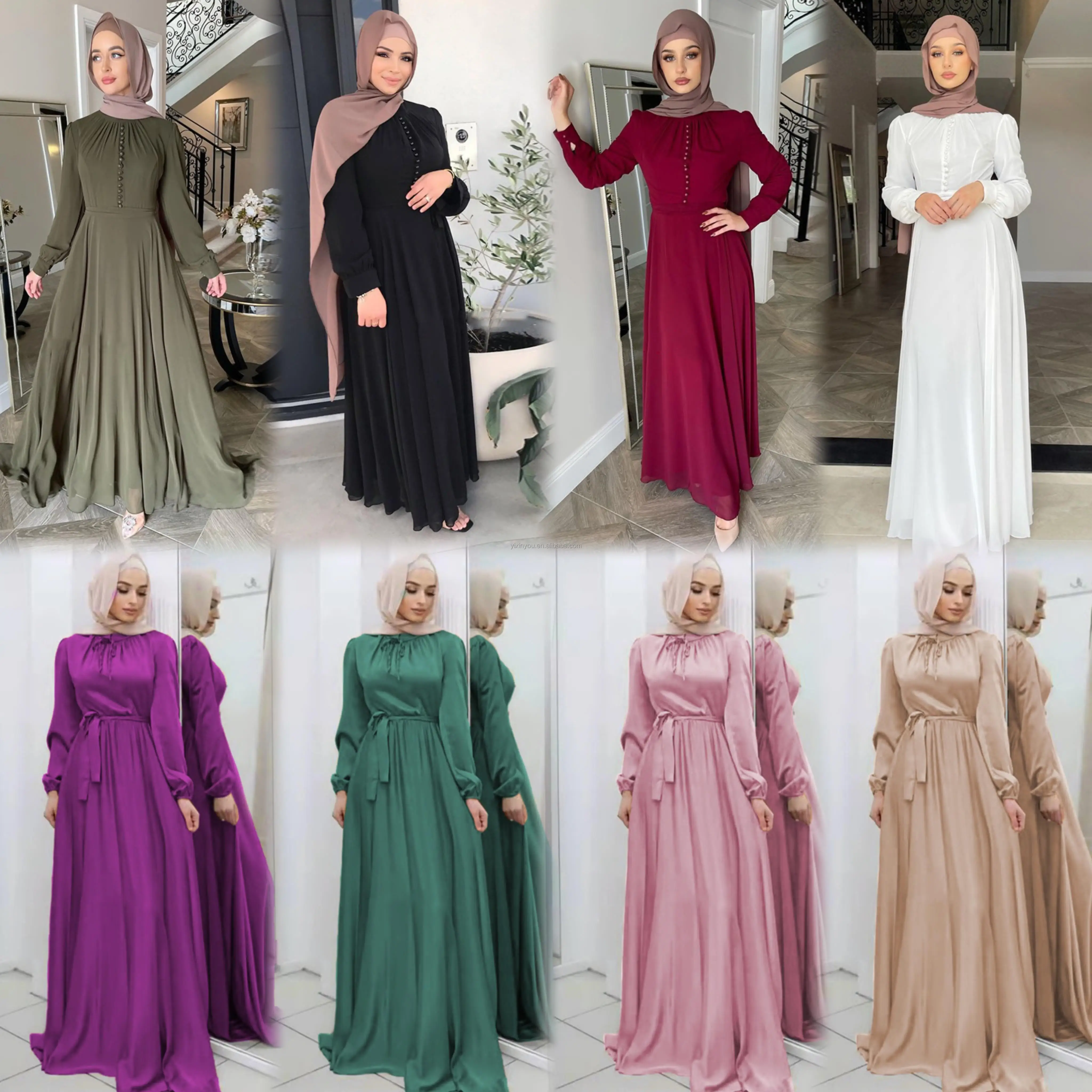 Oem Chiffon Robe Solid crew neck Moroccan Long Layered Muslim Dress Women From Islamic Clothing Ethnic Clothing