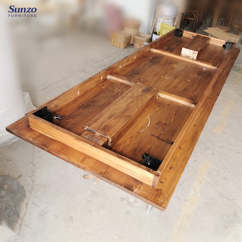 Modern Luxury Antique Pine Wood Farm Table Set Folded Design Metal Iron Wedding Dining Party Kitchen Bar Living Room Use Events