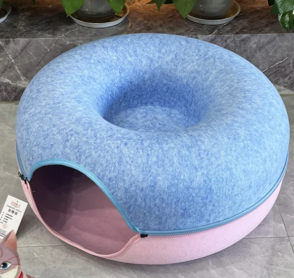 Manufacturer Wholesale Custom Luxury Creative Double-storey Donuts Shape Felt Round Tunnel Pet Cat Bed House for play