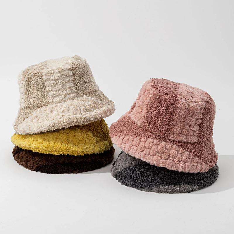 New Autumn Winter Faux Fur Bucket Hat Women Fashion Warm Girl Lambswool Panama Hat Outdoor Fisherman Cap