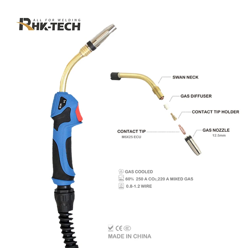 RHK New Portable MB24 CE 3M 4M 5M Cable Euro Adaptor 250Amp CO2 Gas Air Cooled 24KD MIG Welding Torch