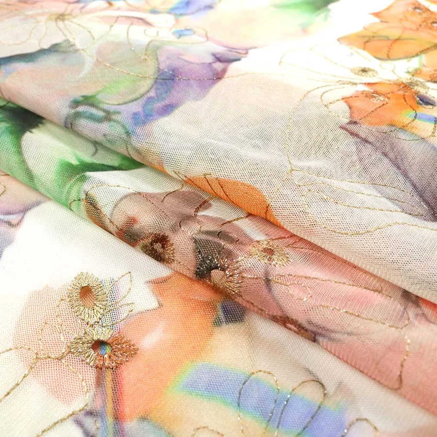 Bright Colorful Multi Metallic Yarn Embroidery Lace Tulle Printed Eyelet Fabric for  Party Wear Dresses