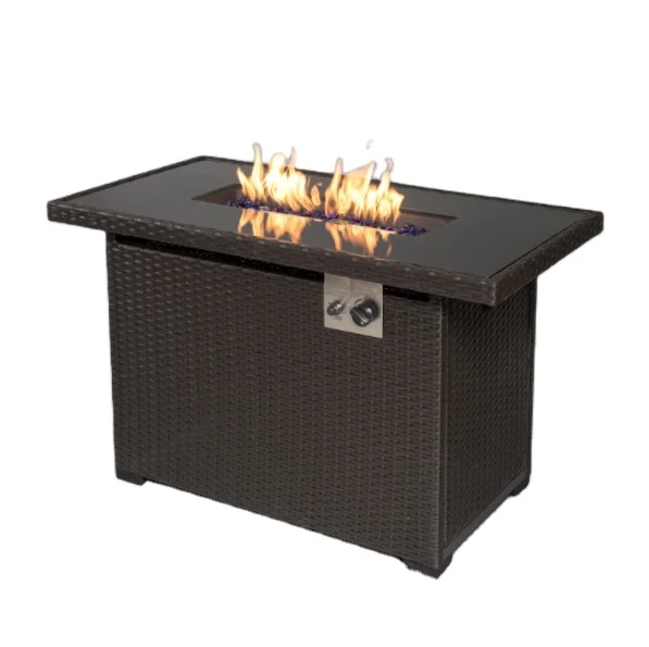 Rectangular rattan-look pure iron striped desktop 50000 BTU Outdoor Patio Gas Fire Pit table with windshield cover