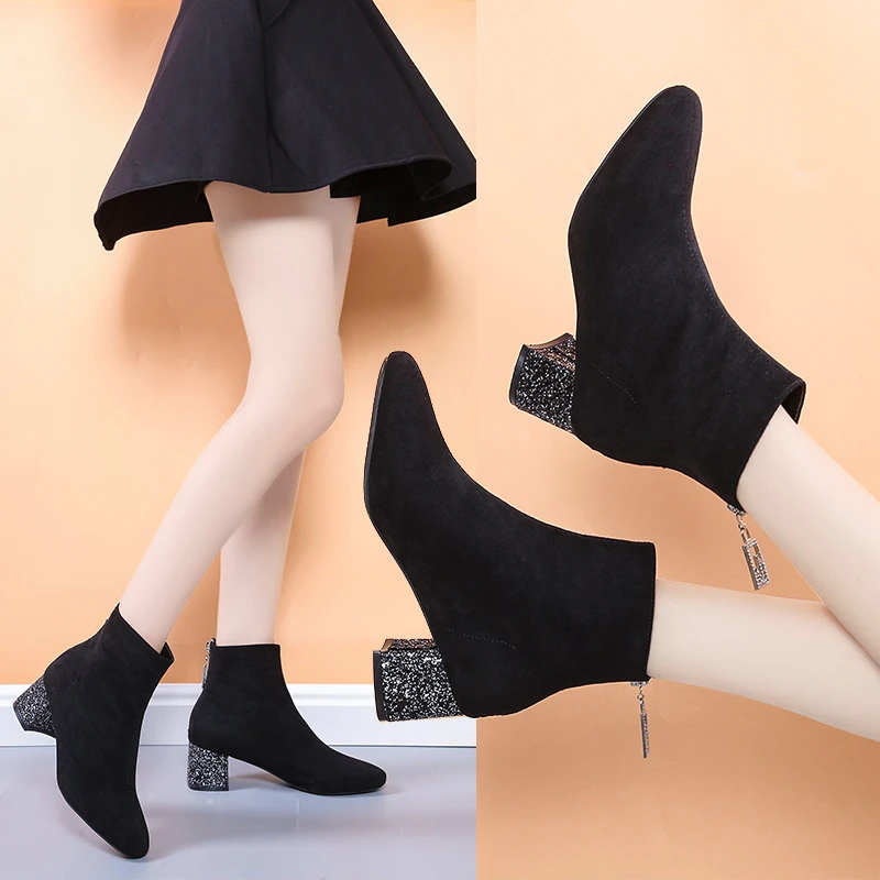 2022 women ankle boots high heel winter microfiber boots for women