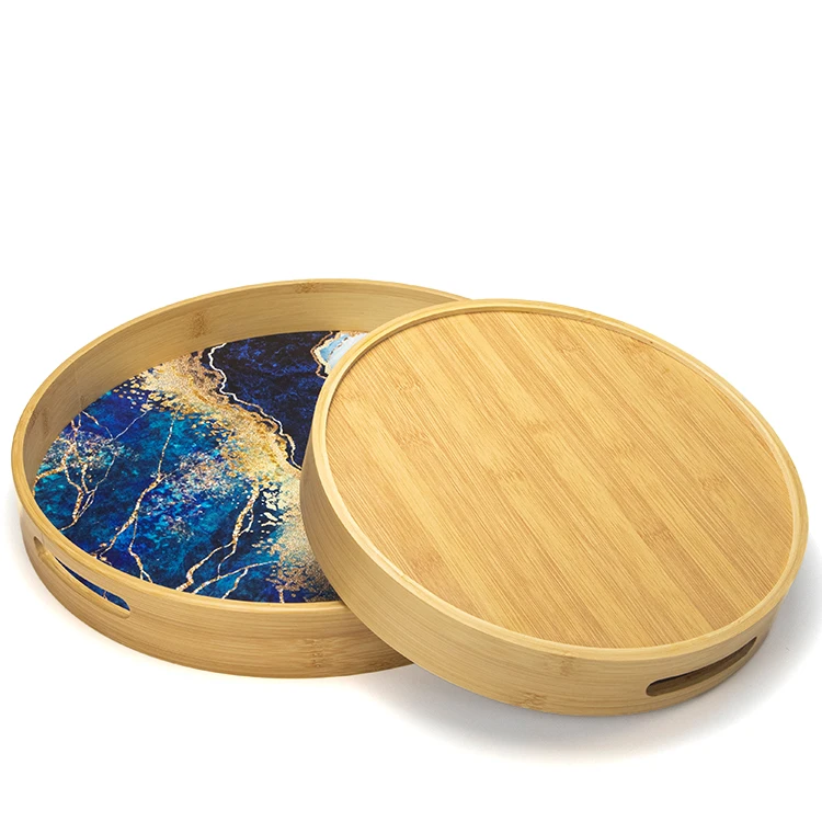 Custom Logo Wholesale Restaurant Stackable Round Wood Coffee Tea Platter Tray Set Table Decorations Food Wooden Serving Trays