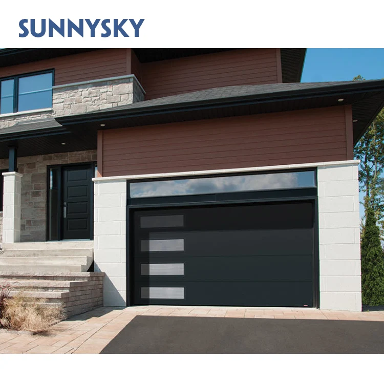 Sunnysky Aluminum Alloy Frosted Glass Modern New Black Combined Automatic Garage Door For Villa Modern Garage Door