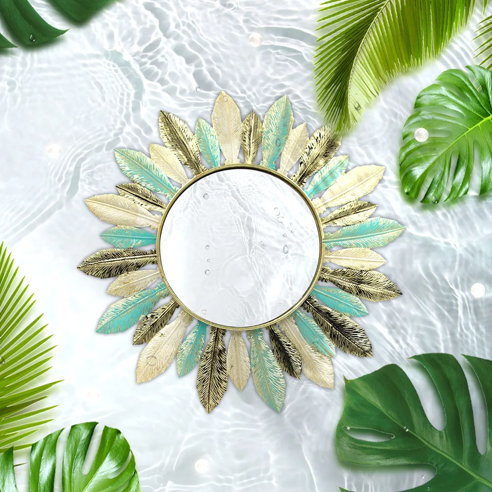 YJL Nordic Light Luxury Colorful 3D Feather Mirror Metal Wall Decor Living Room Bedroom Metal Arts Wall Arts Metal Wall Art