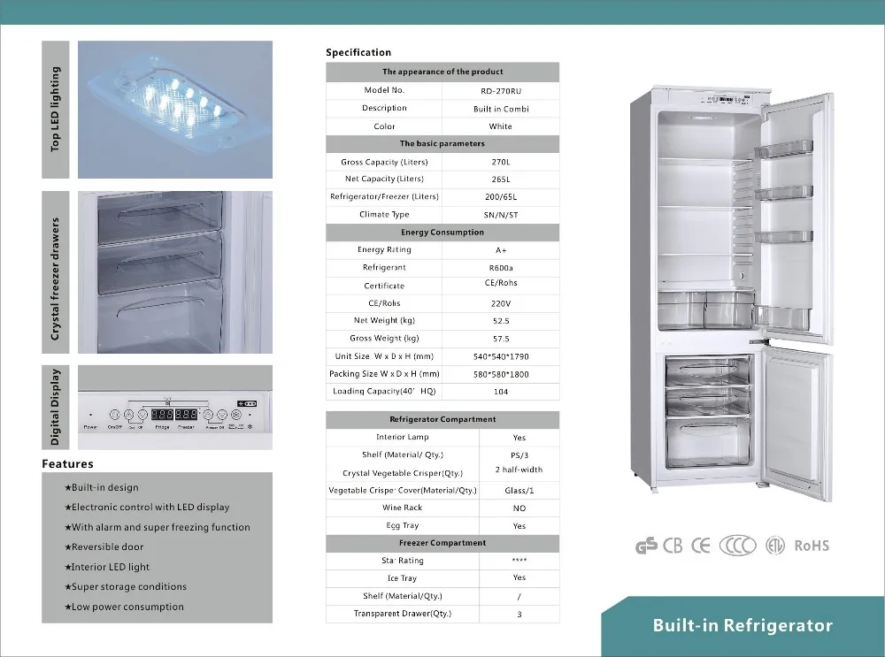 Home Appliance Built in Fridge Freezer Double Door Refrigerator Bottom-freezer for Wholesale House Decoration