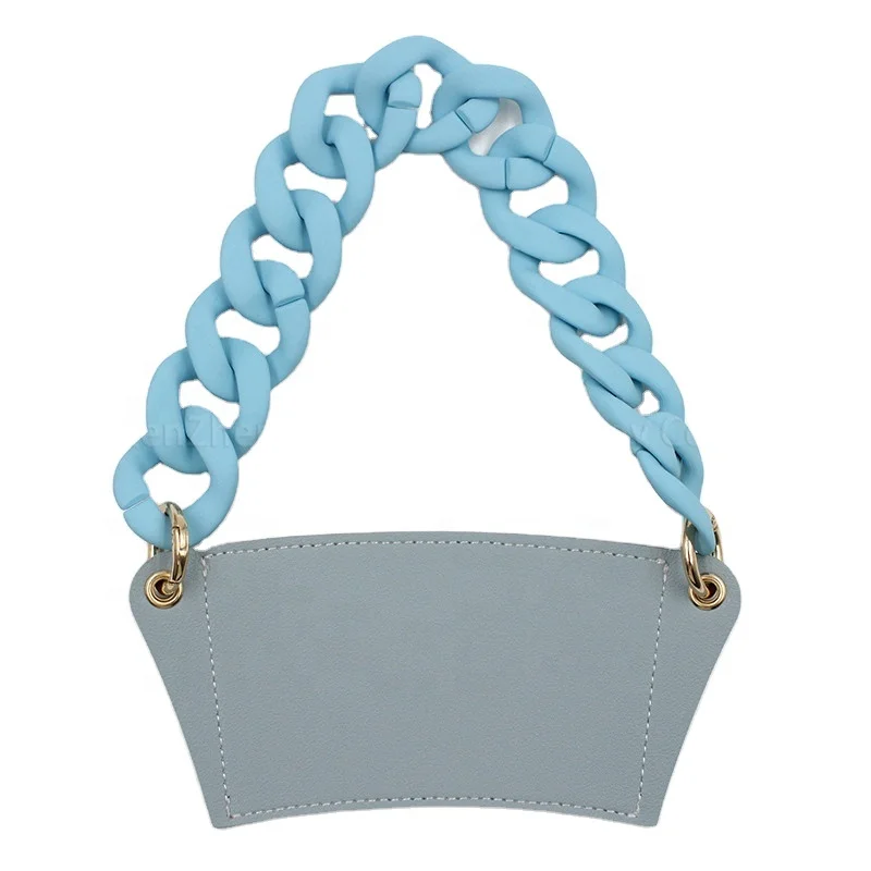Handmade PU Leather Coffee Cup Holder Sleeve Portable Cup Holder with Acrylic Chain Strap Handle