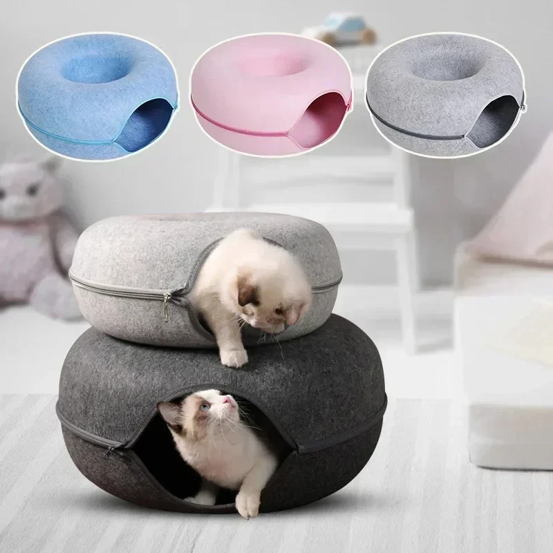 Custom Natural Felt Kitten Cat Cave Nest House Half Closed Sleeping Beds Donut Cat Bed Tunnel For Training Interactive Game Toy