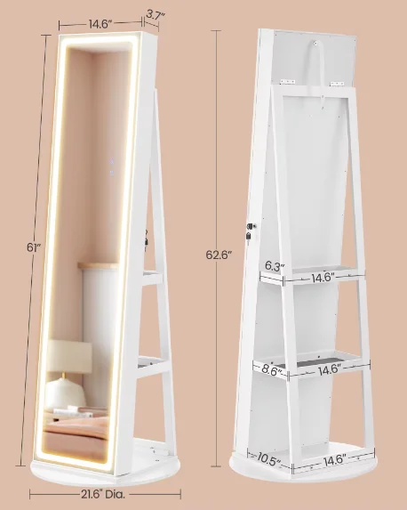 360 Degree Rotatable Jewelry Armoire with Storage Shelves Jewelry Cabinet with Full Length LED Mirror