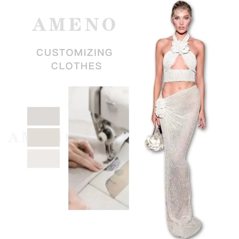 European&American summer sexy Kinked crochet slim skirt and halter top set women fashion vacation beach maxi long skirts for fem