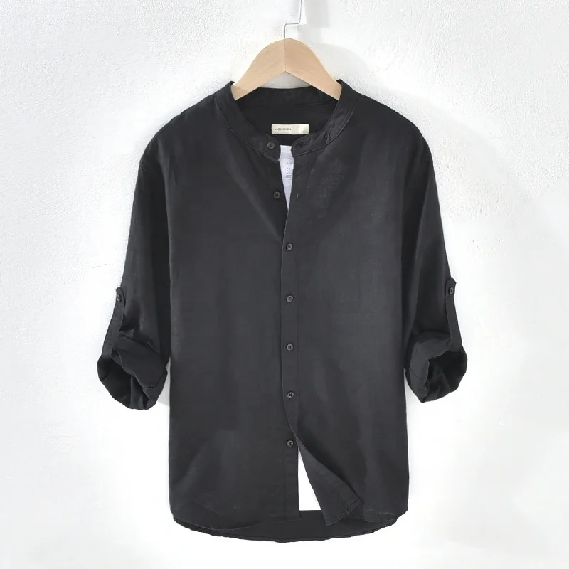 Factory wholesale men high quality linen cotton stand collar casual shirt long sleeve