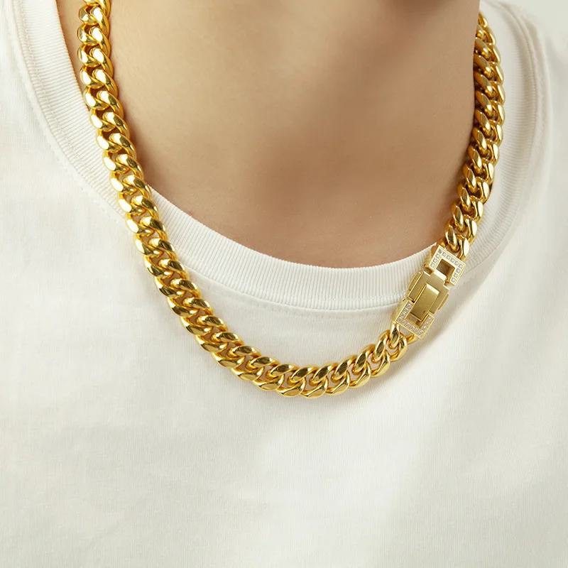 18K Gold Cuban Chain Waterproof Link Thick 12MM 14MMM Width Cuban Necklace Jewelry Set For Women Men