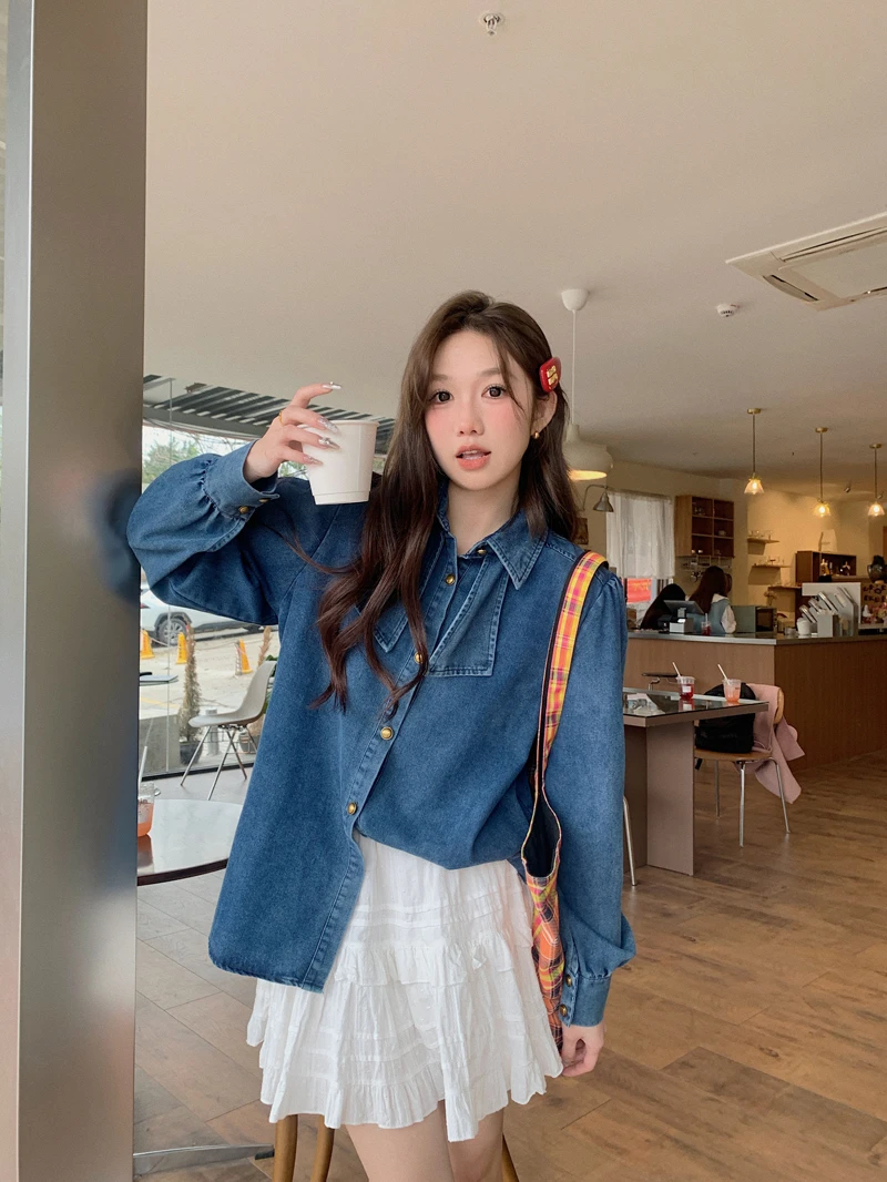 Autumn Winter Denim Women Shirts Bows Sweet Solid Korean Fashion Basics Blouses Elegant Casual Loose Blouse Mujer