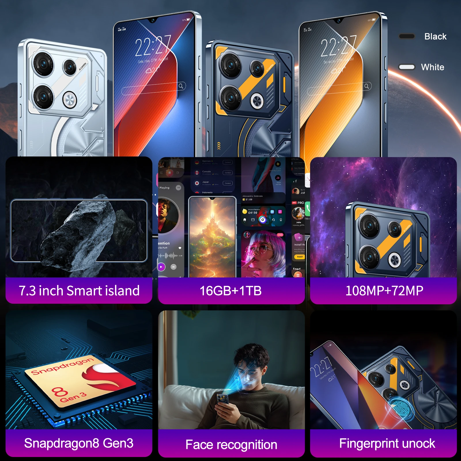 Hot Selling GT10pro Original 7.3 Inch 16GB+1TB Unlocked Cell Mobile Phones Dual Sim Android13 5G Smart Phone