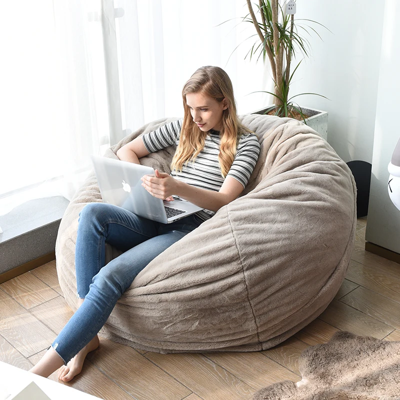 Customized Faux Fur Foam Filled Bean Bag Drawing Room Comfortable Giant Seat Bean Bag Oversize Beanbag Sofa Chair Pure Brown XXL