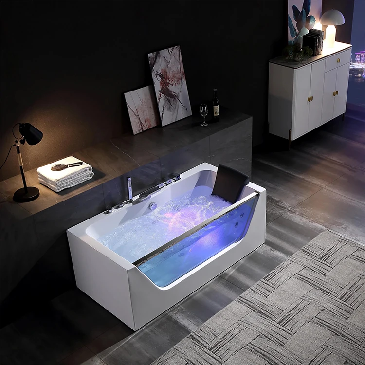 Hot Selling White Whirlpool Acrylic Bathtub Spa Hydro Massage adult for 1 Person with Pillow Three Sided Art Skirt Bathroom Tub