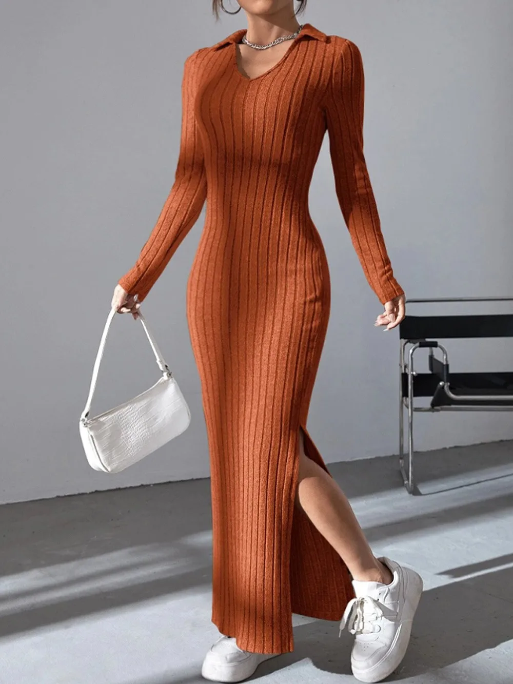 New Spring/Summer 2024 knitted slim lapel long sleeve dress for dropshipping evening dresses
