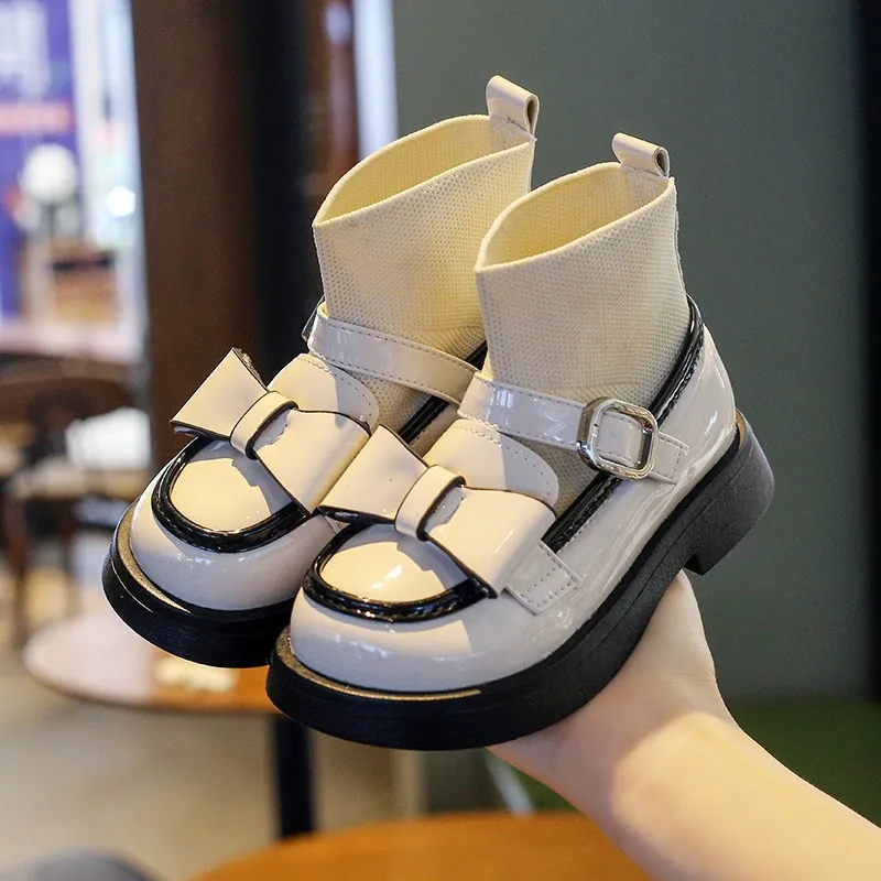 Shangzhou OEM Bota Girls Socks Boots Bow Leather Boots College Style
