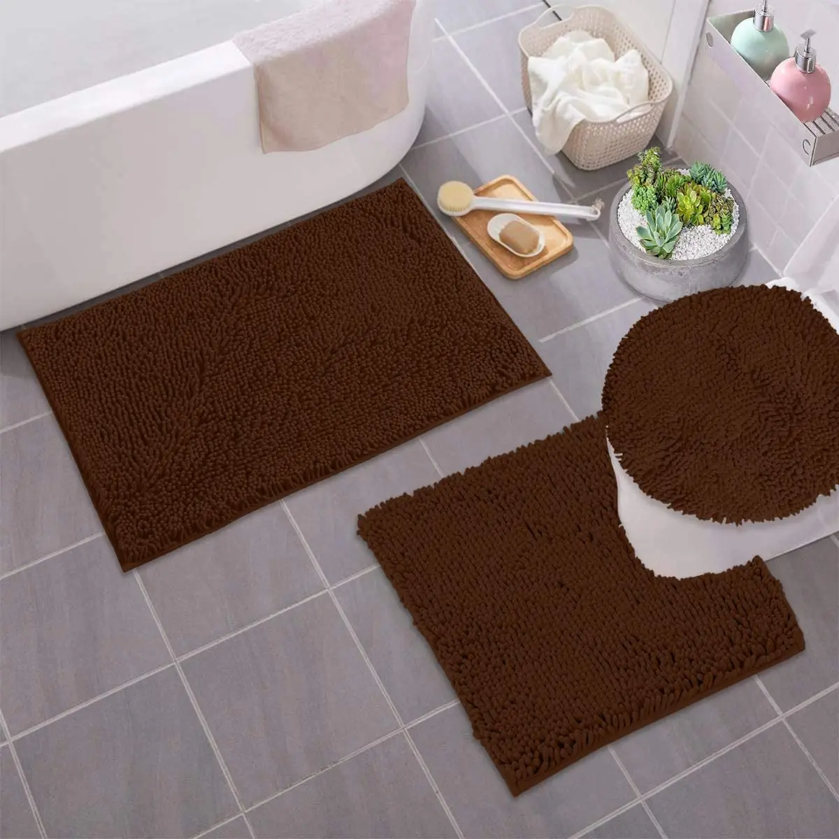 Luxury Bathroom Anti Slip Water Absorbent Shaggy 3 Pcs Chenille Toilet Mats Set