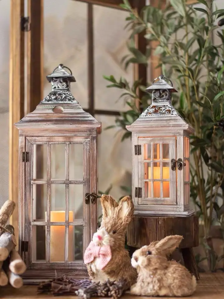 Nordic retro old wind lamp floor gift wind proof iron glass candlestick wooden candle holder metal lanterns and candle jars
